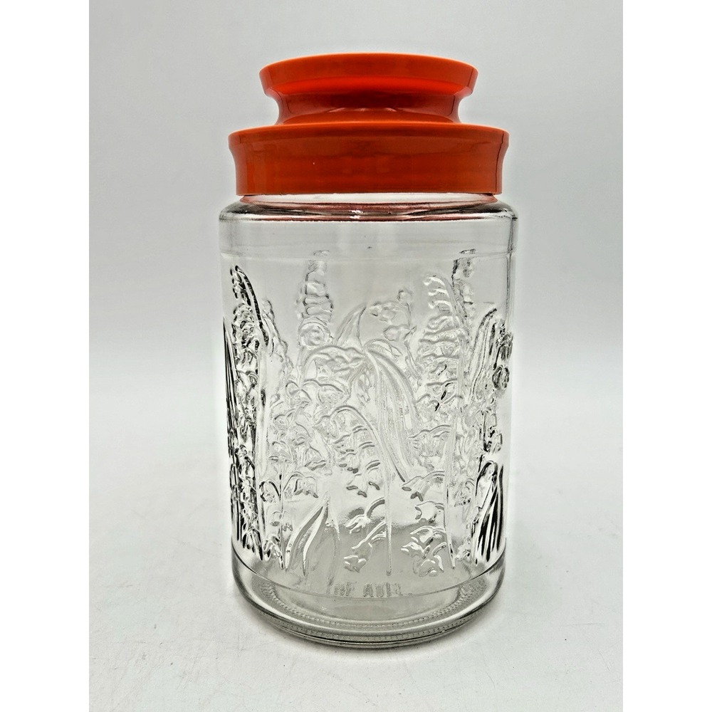 Anchor Hocking Tang Lilies of the Valley Glass Storage Jar Orange Lid Vintage(o)